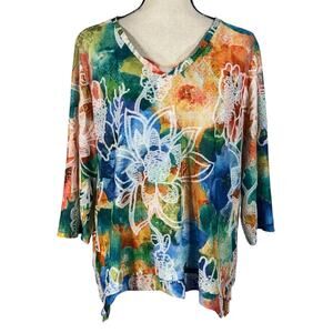 Alfred Dunner X-Large Top Floral 3/4 Sleeve Stretch V-Neck Shark-Bite Hem Multi